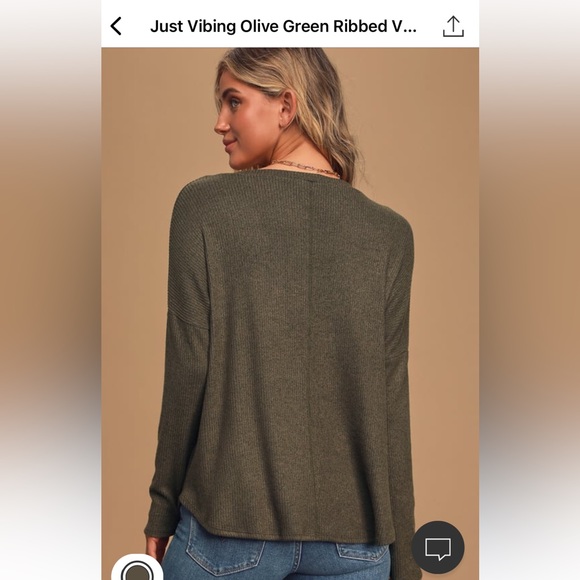 Lulu’s Just Vibing Olive Green Ribbed V-Neck Sweater Top - Picture 3 of 4